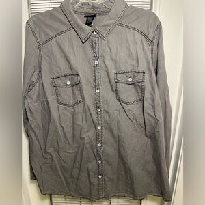 Grey denim button up.